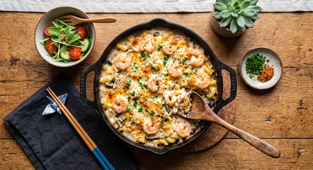 Yor's Macaroni Gratin plated and ready to serve