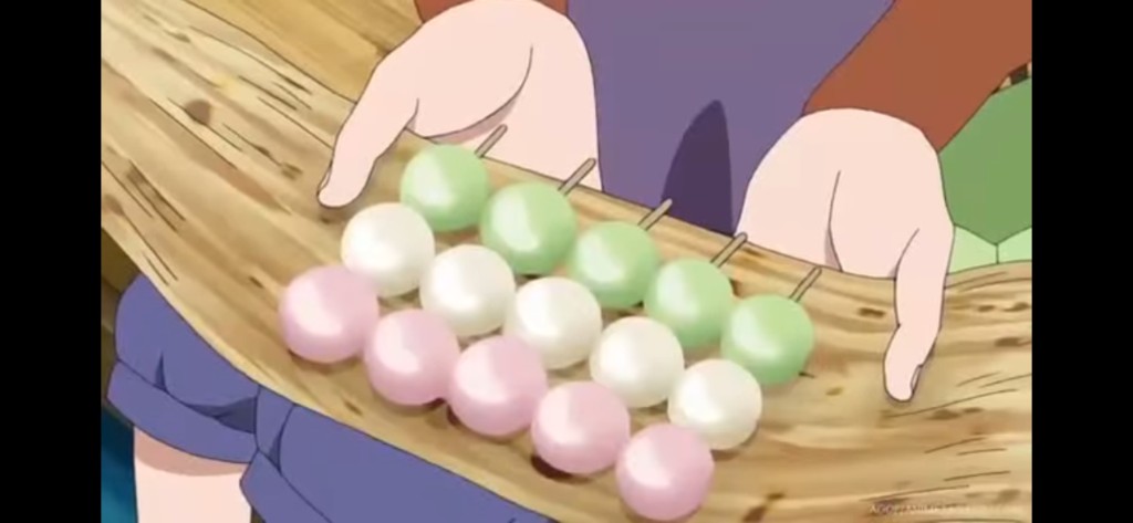 Scene from Naruto featuring Hanami Dango (Three-Color Dango)