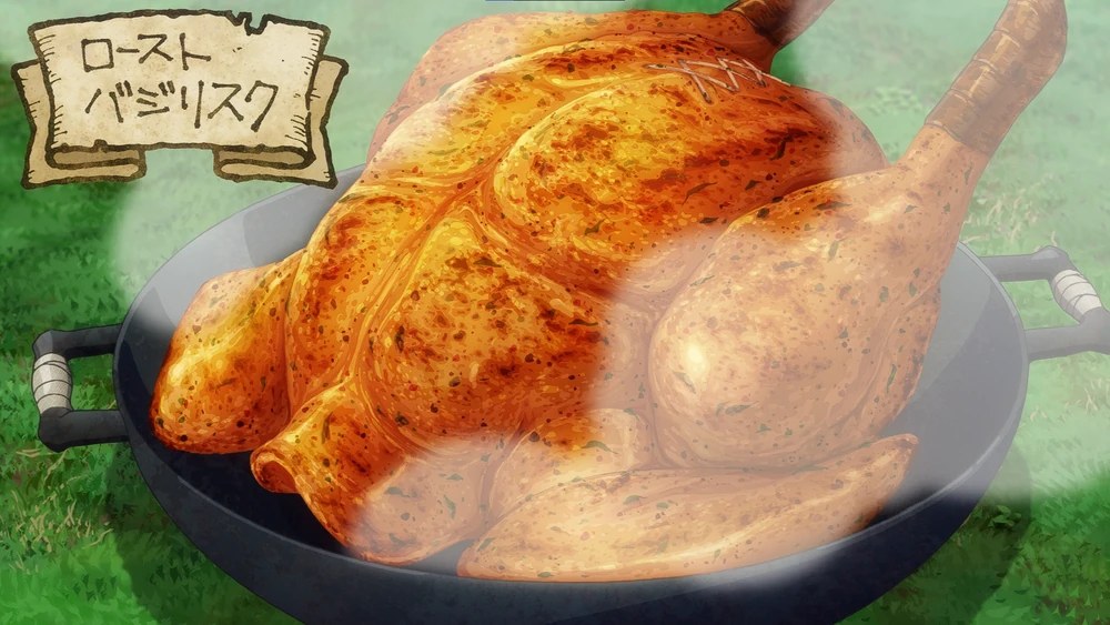 Scene from Dungeon Meshi (Delicious in Dungeon) featuring Roast Basilisk (Oven-Baked Chicken Katsu)