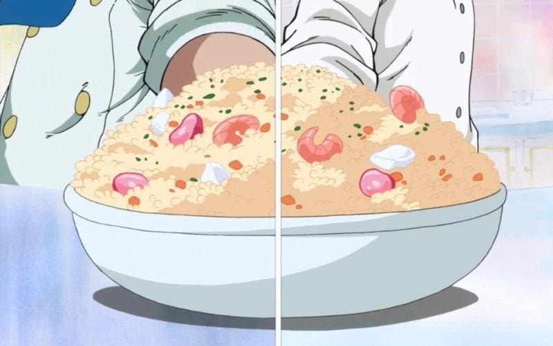 Scene from One Piece featuring Sanji's Seafood Fried Rice